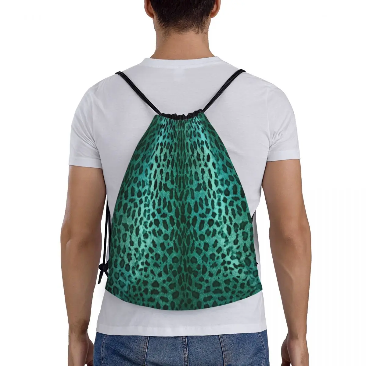 Bolsas con cordón de leopardo verde personalizadas para entrenamiento, mochilas de Yoga, mujeres, hombres, estampado de piel de Animal, mochila deportiva para gimnasio