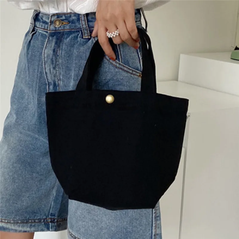 Simple Canvas Bag Women Shoulder Bags Foldable Picnic Pouch Small Tote Black Shopper Large Capacity Student Lunch Box