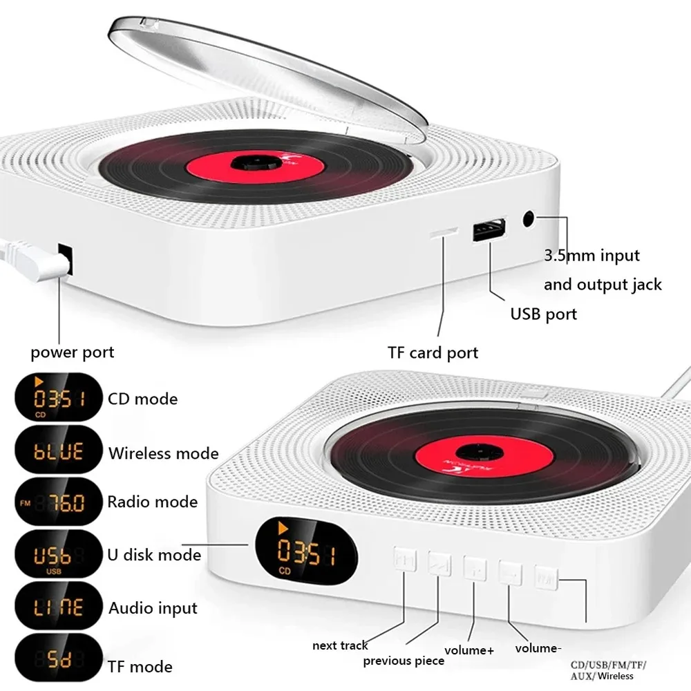 Portable CD Player Bluetooth Speaker Stereo CD Players LED Screen Wall Mountable CD Music Player with IR Remote Control FM Radio