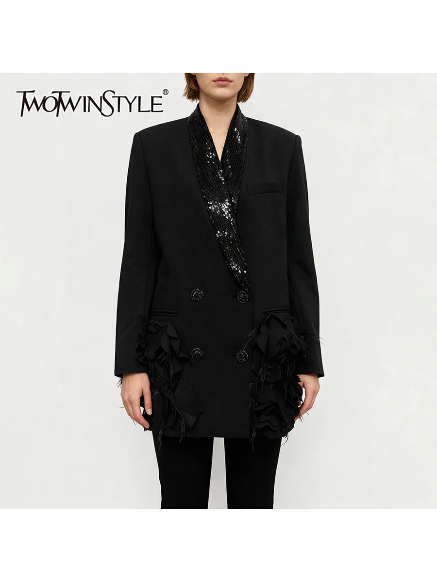 TWOTWINSTYLE الصلبة فضفاضة تقسم ثلاثية الأبعاد زهرة أنيقة بليزرات للنساء التلبيب طويلة الأكمام المرقعة الترتر سترة الموضة الإناث