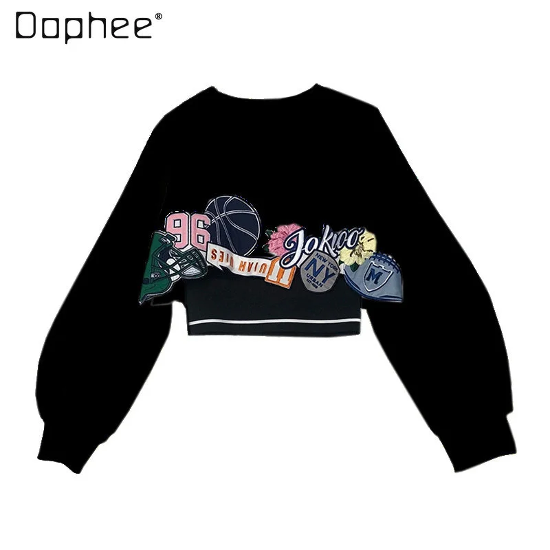 Spring New Fashion Long-Sleeved Sweater for Women Round Neck Multicolor Printing Loose All-Match Sweet Short Top Ladies