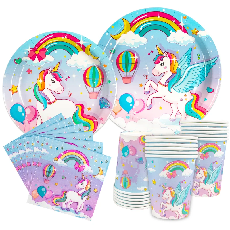 Regenbogen Einhorn Thema Party Einweggeschirr Set Pappteller Tasse Servietten Mädchen Geburtstag Einhorn Thema Party Dekorationen