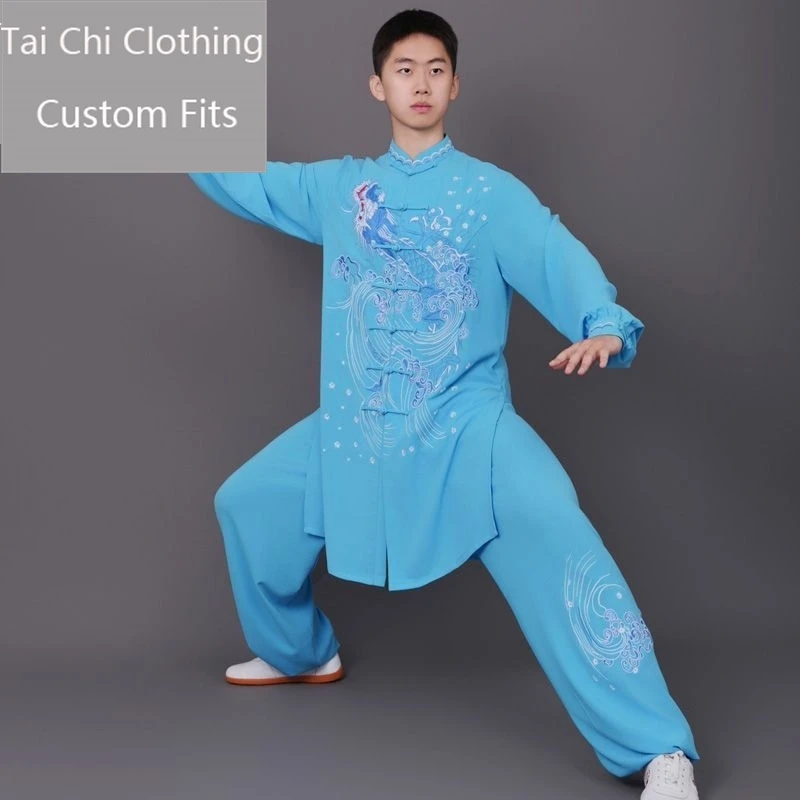 Tai Ji Suit Women's Autumn Lake Blue Embroidered Men's National Style Mid-Length Eight-Section Brocade Exercise Clothing