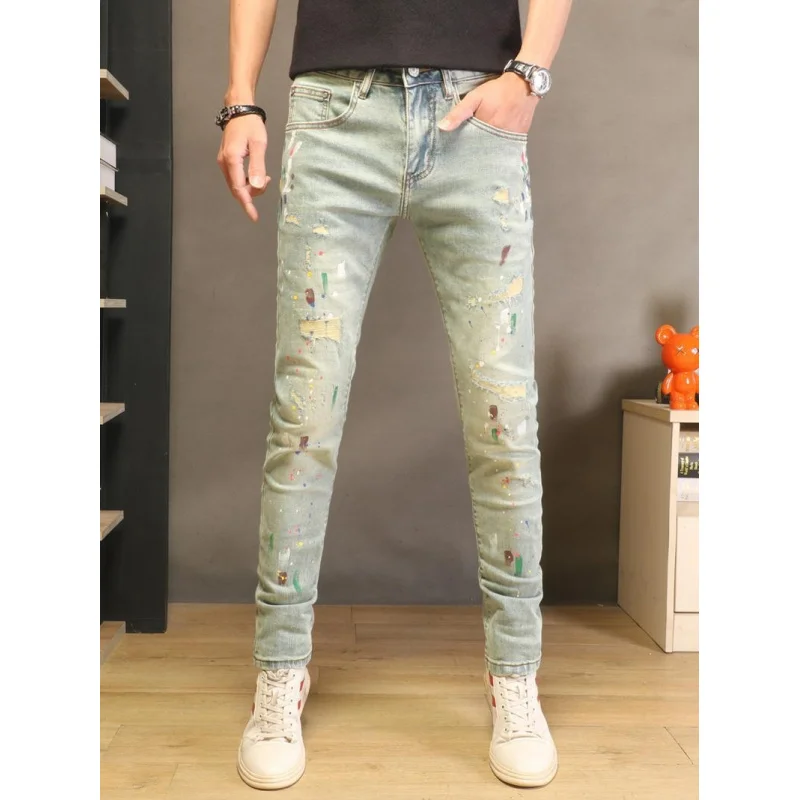

2026 New Light Blue High-End Ripped Jeans Men Stretch Slim Fit Skinny Leg Fashion Paint Splatter Casual Pants