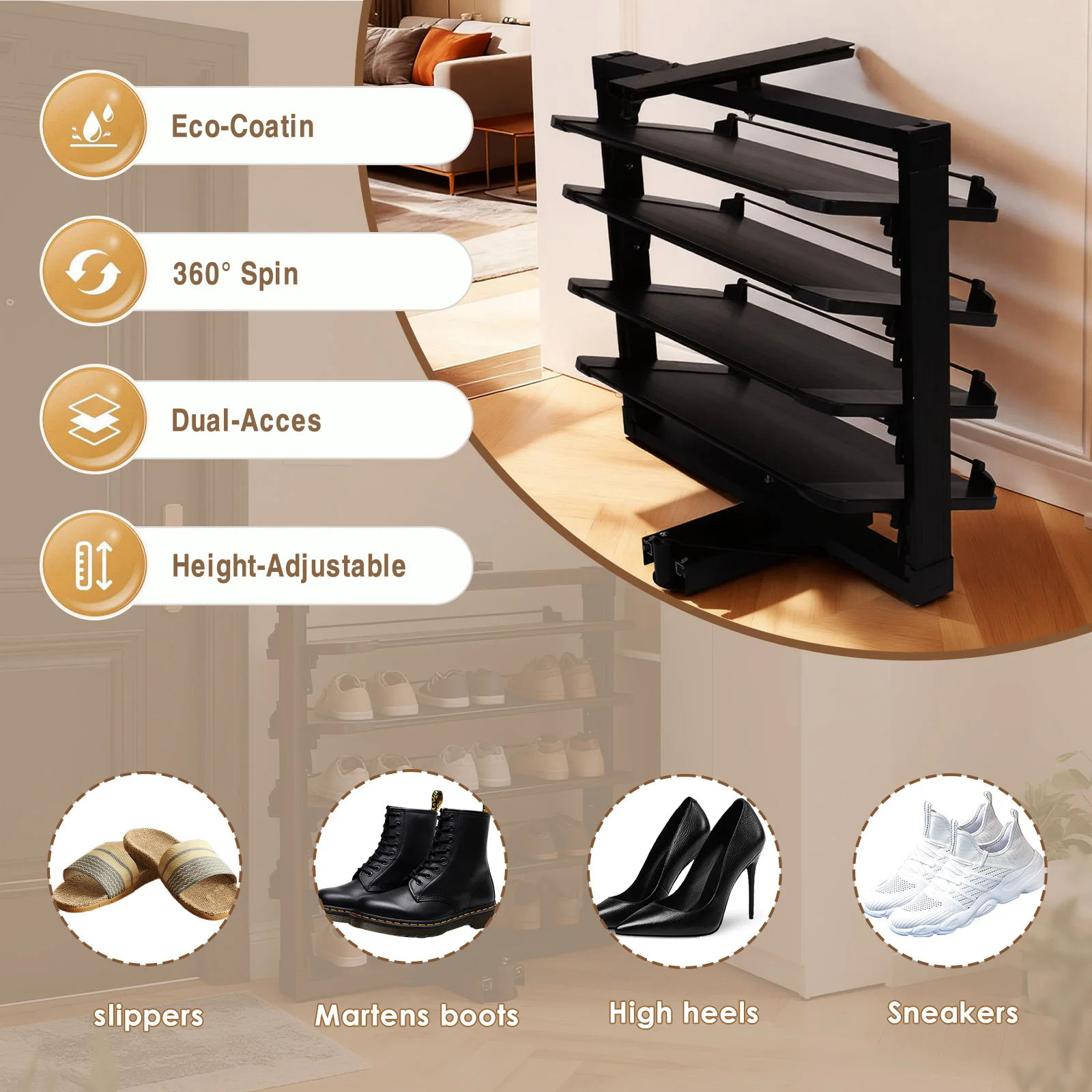 Pull-Out Metal Stackable Shoe Rack 360° Rotating 4 Tier Shoe Storage Rack Adjustable Height Shoe Shelves Retractable for Closet