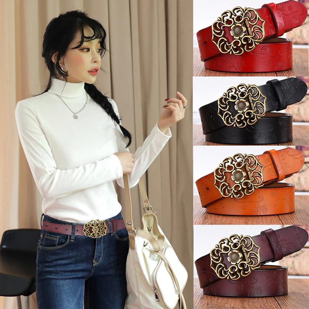 

Vintage Women 110Cm Wide Debossed Floral Pattern Alloy Buckle Comfortable Classic White Belt Casual Business Wear Gift