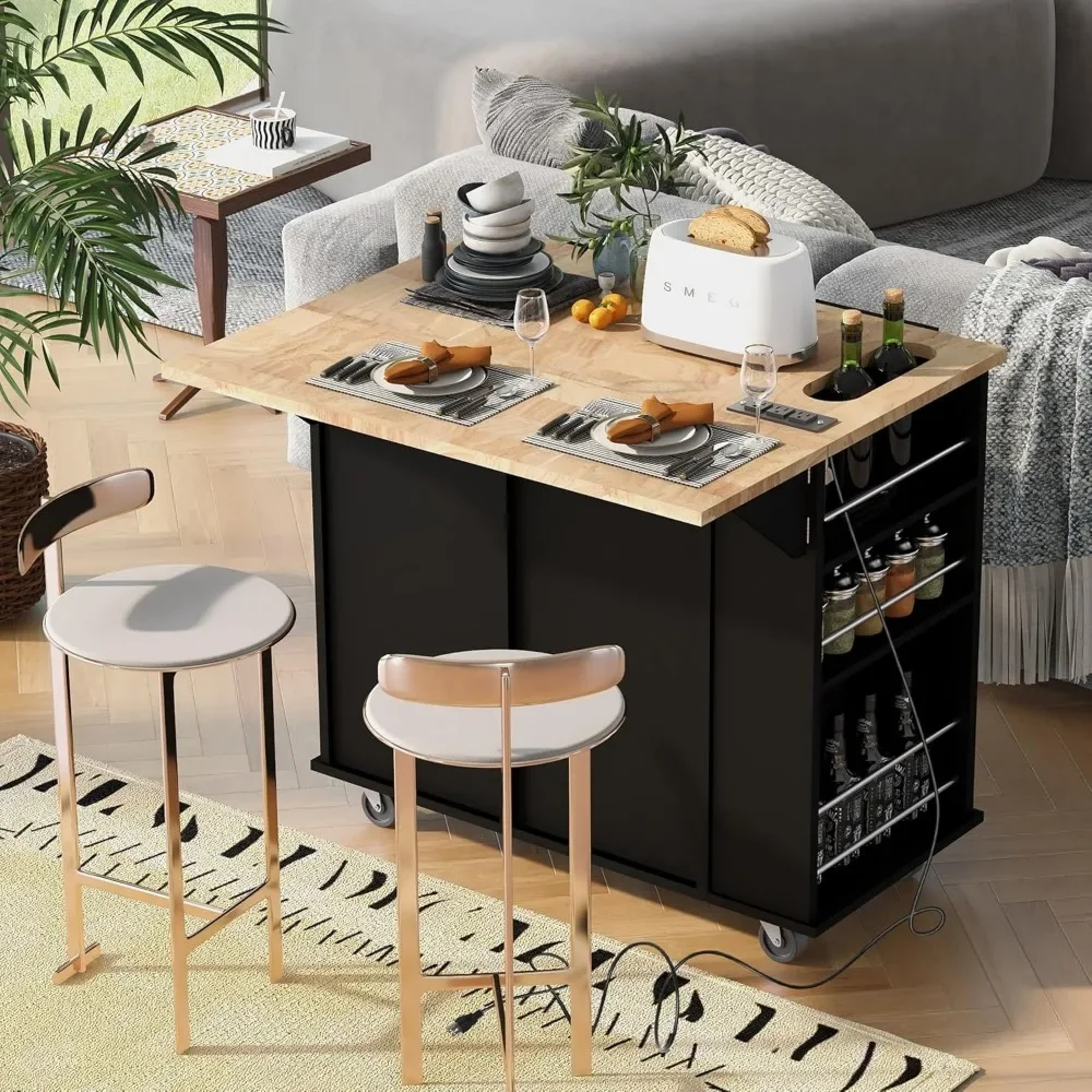 Kitchen Island, Kitchen Carts on Wheels with Storage Drop Leaf Power Outlet Drawer Cabinet Counter Rubberwood Top image 4