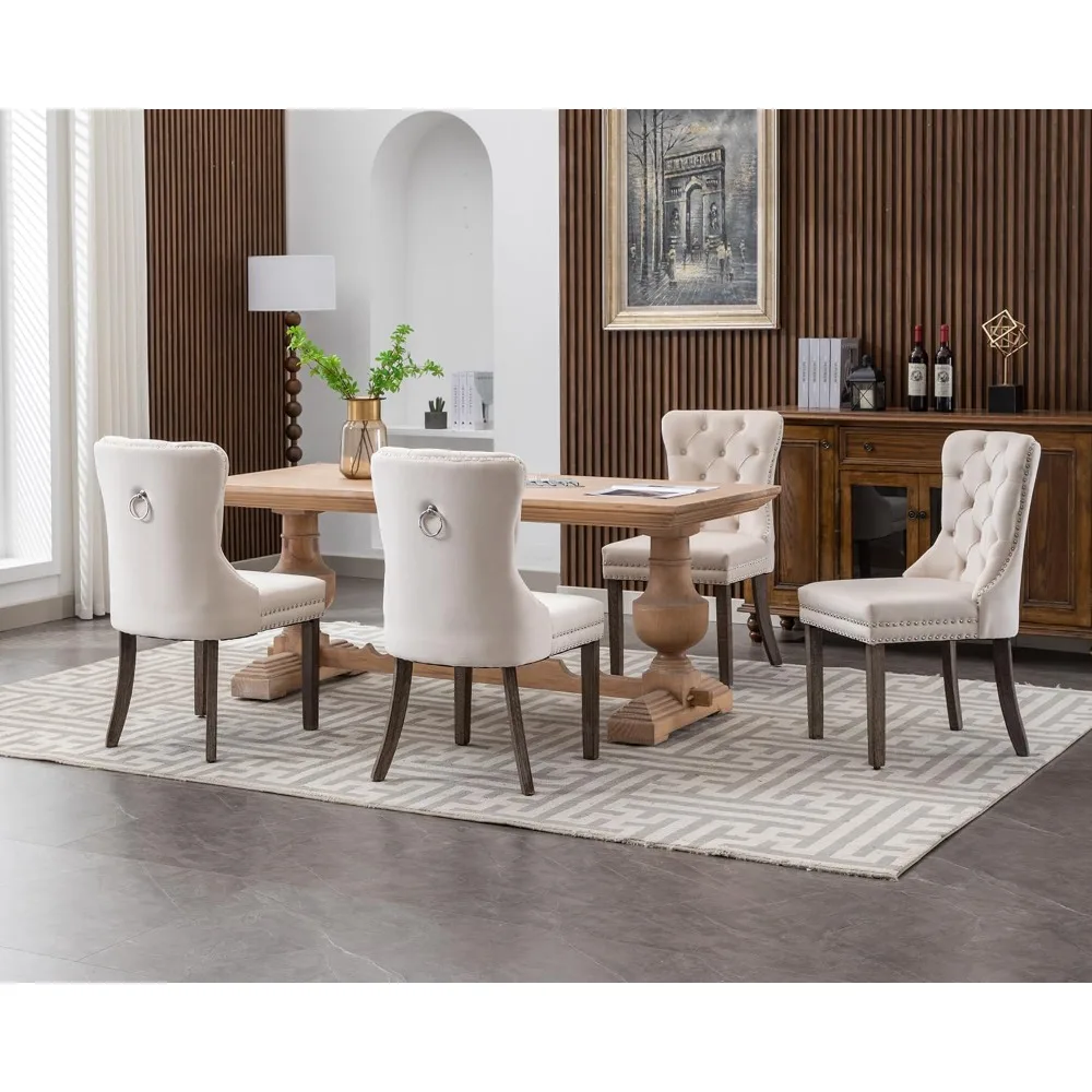 Velvet Dining Chairs Set of 4, Upholstered High-end Tufted Dining Room Chair with Nail head Back Ring Pull Trim Solid Wood Legs