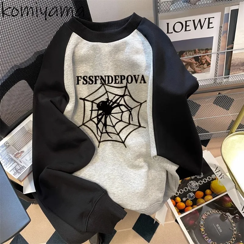 Y2k E-Girl O Neck Hoodies Women Spider Web Print Ropa Mujer Spring Womens Clothing Hit Color Sweatshirts Long Sleeve Hoodie