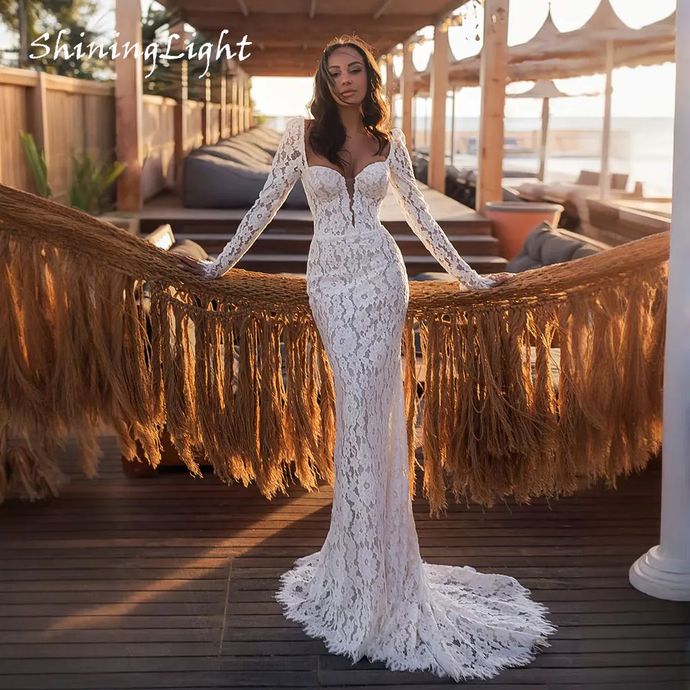

ShiningLight Elegant Long Sleeves Lace Wedding Dress for Bride Sweetheart Mermaid Boho Bridal Gowns Vestidos De Novia Customized