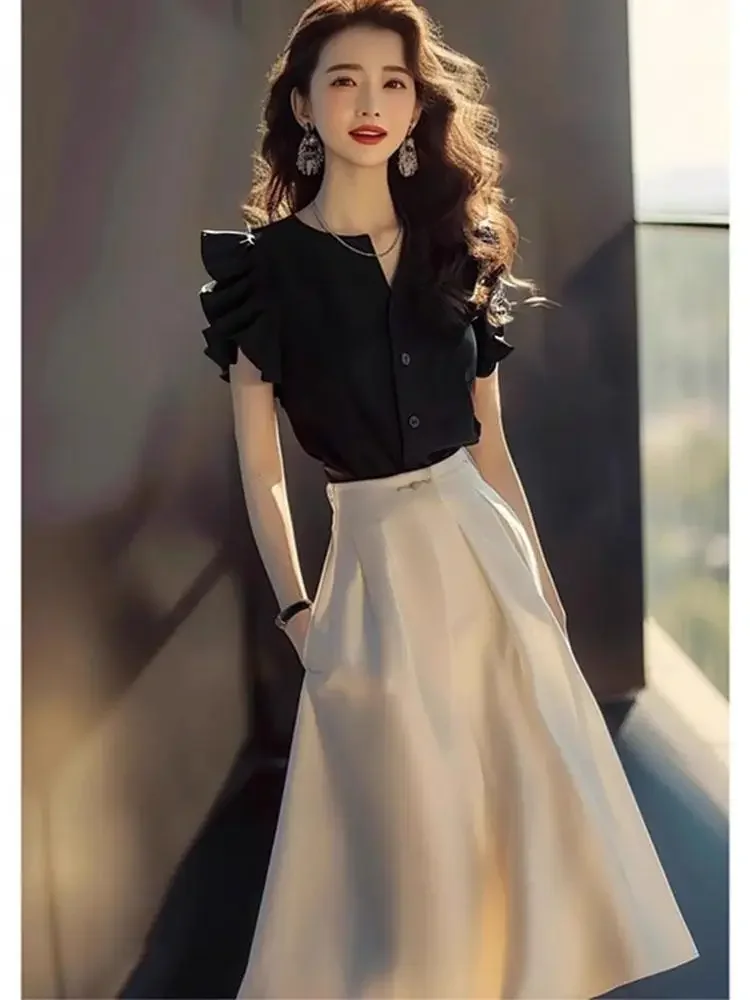 Woman Outfit Chiffon Beach Long Sleeve Skirt Black 2 Pieces Sets for Women Elegant Casual Stylish Y2k Clothes Chic New Matching