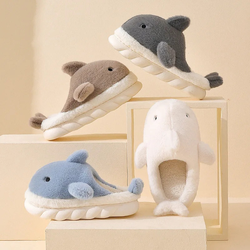 Winter Cute Cartoon Whale Cotton Slippers Children Thickened and Velvet Non Slip Couple Adult  Autumn Indoor Home Slippers Shoes