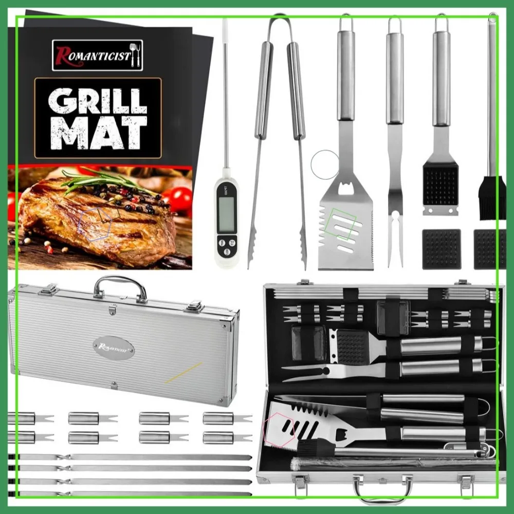 

23-Piece BBQ Grill Accessories Set with Thermometer & Grill Mats - Stainless Steel Tools for Outdoor Camping, Father's Day Gift