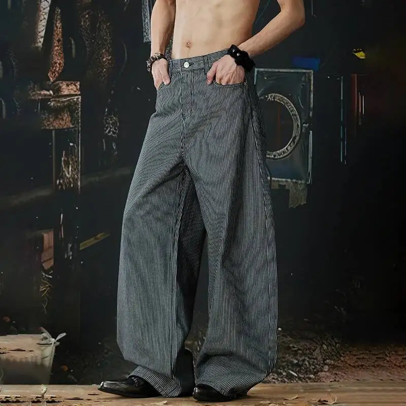 LUZHEN 2026 New Stripe Textured Loose Wide Leg Casual Pants Men's Fashion Handsome High Quality Original Straight Jeans JY6635