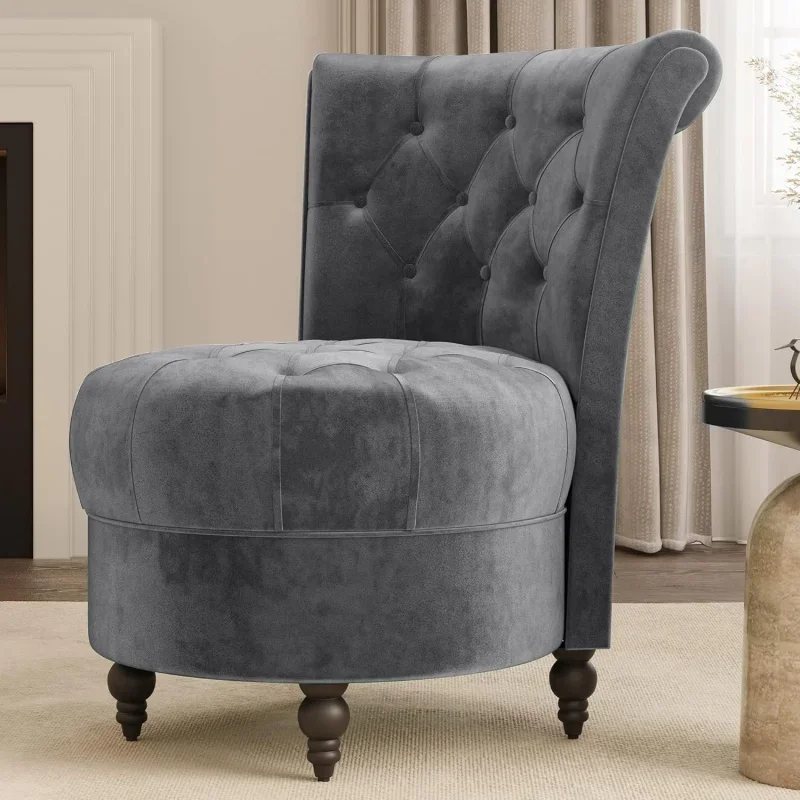 Throne Royal Chair Set of 2, Upholstered Velvet Chair, Low Back Armless Chair with Thick Padding and Rubberwood Legs (Grey)