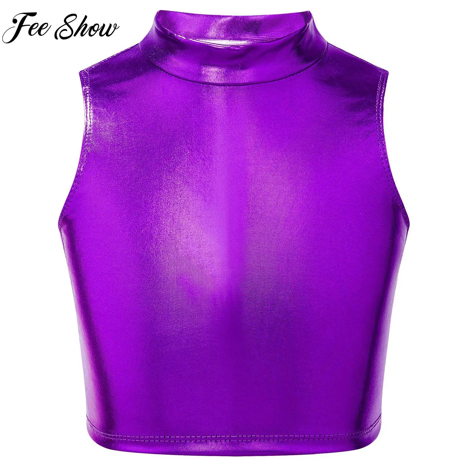 

Children Girl Metallic Sleeveless Jazz Hip Hop Street Dance Turtleneck Crop Tank Top Costume for Ballet Modern Dance Performance