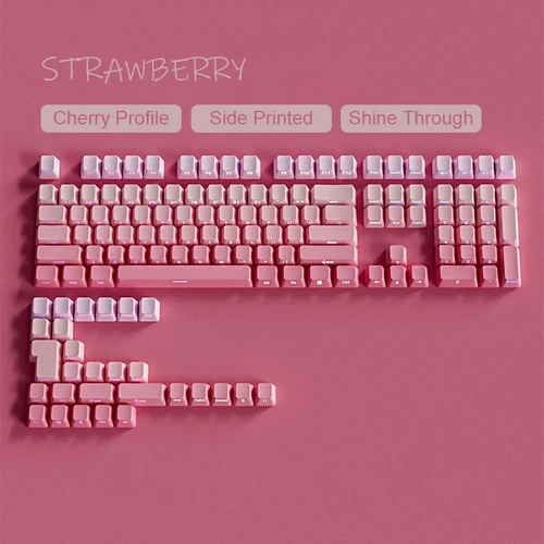 Imagen 2 del producto Teclas PBT con estampado lateral rosa fresa, 135 teclas, doble disparo, brillo a través de teclas, perfil de cereza para teclado de interruptores Cherry MX