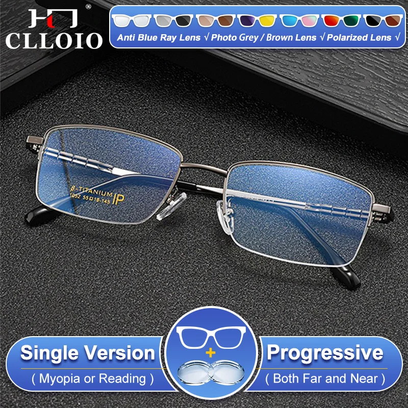 

CLLOIO Minimalist Style Pure Titanium Men Half-Frame Design Myopia Glasses Blue Light Filter Progressive Prescription Eyeglasses