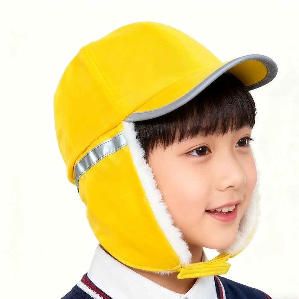قبعة شتوية للطلاب باللون الأصفر مبطنة بالصوف مادة قطنية دافئة قبعة قطنية لحماية الأذن شرائط عاكسة قبعة حماية الأذن