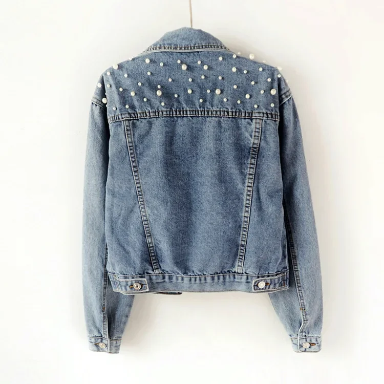 Women Denim Jacket Ripped Turn Down Collar Long Sleeve Tops Pockets Vintage Pearl Coat Loose Coats Autumn Outwear Streetwear