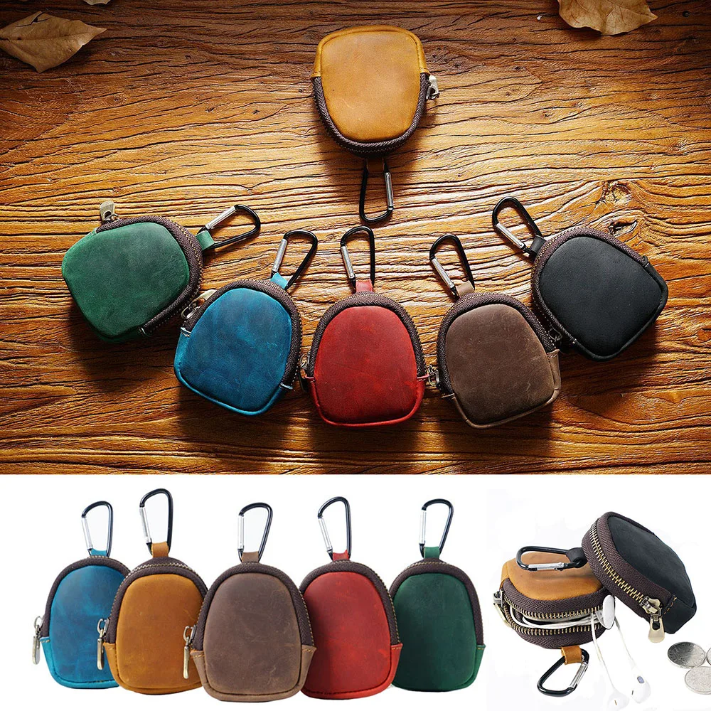 

New Coin Purse Genuine Leather Portable Earphone Bag Retro Zipper Small Waist Bag Money Key Storage Accessories Organizer