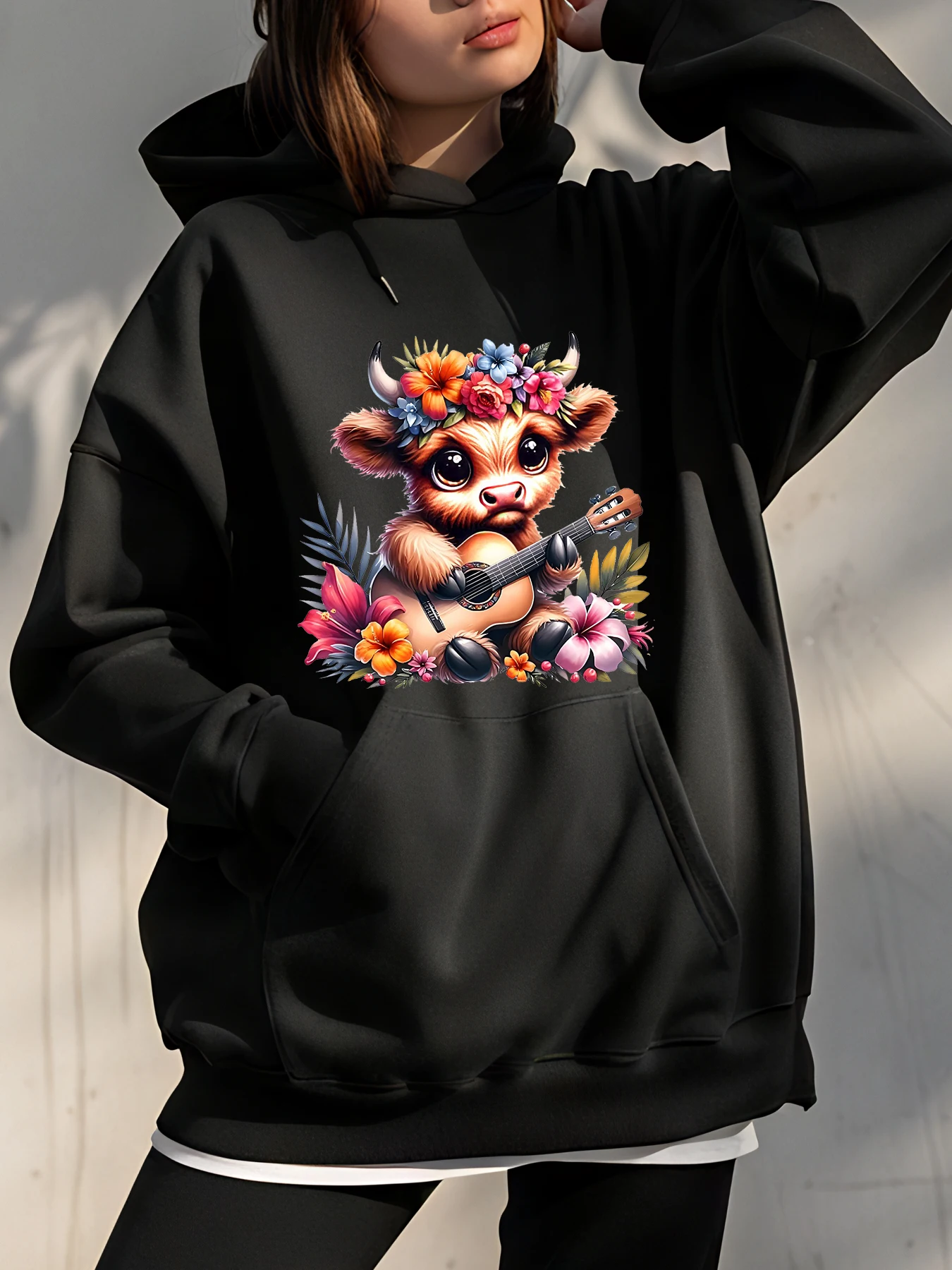 

Милая корова, играющая на гитаре, толстовка с цветочным принтом, женская повседневная уличная толстовка для молодежи и подростков