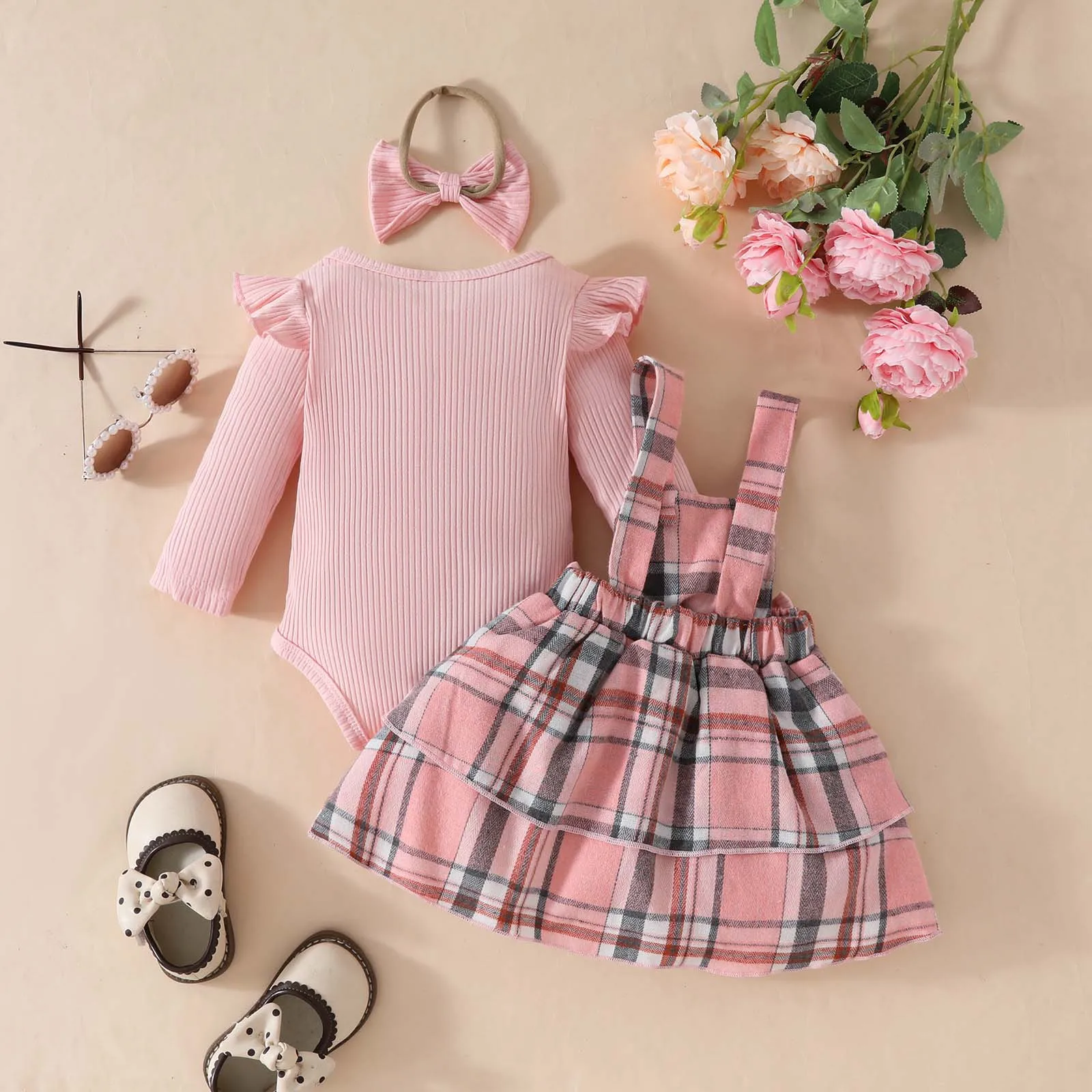 Infant Baby Girls Christmas Clothes Sweet Long Sleeves Ribbed Romper with Plaid Suspender Skirt Headwear Birthday Party Outfits