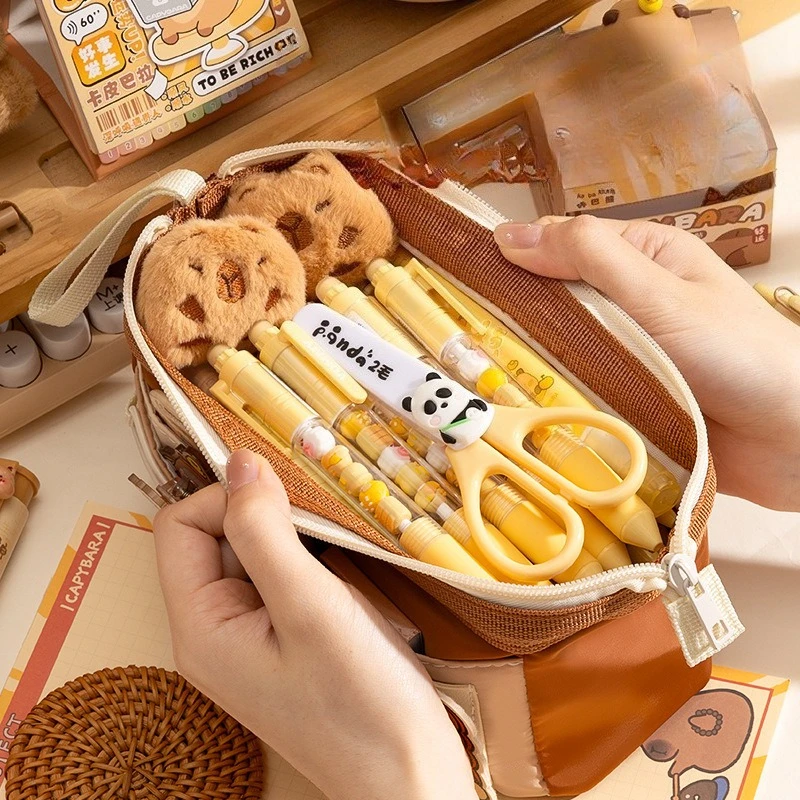 Student Pencil Case Capybara Cat Dog Pencil Bag Double Layer Multi-functional Printed Student Pen Bag Stationary Storage Pouch