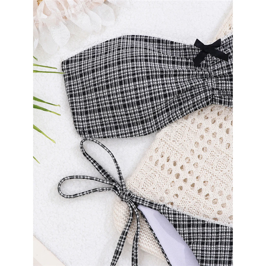 Karierter Bandeau-Bikini, Damen-Badebekleidung, zweiteiliger Bikini-Set, mit Trägern, hoch geschnitten, Badeanzug, Badebekleidung, Modell V8193. – Detail 9
