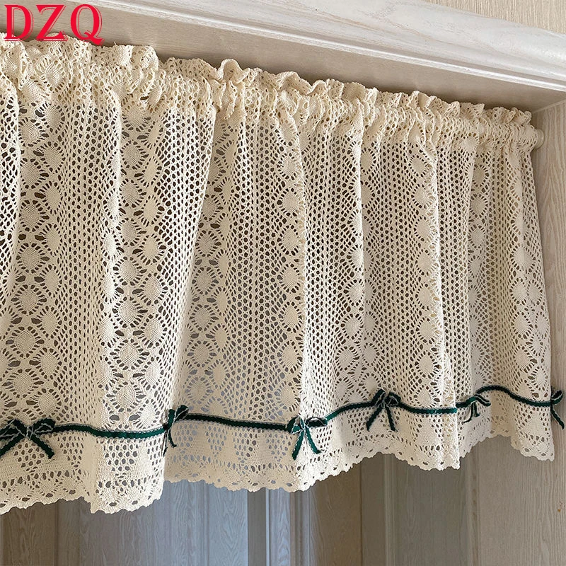 American Country Crochet Hollow Short Curtains for Roman Window Kitchen Manual Rhombus Lace Bowknot Half Curtains Valance #A476