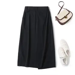 Maxdutti Autumn French Fashion Skirt Women Women's Simple Black High Waist Midi Half Skirt Asymmetric Pleated Half