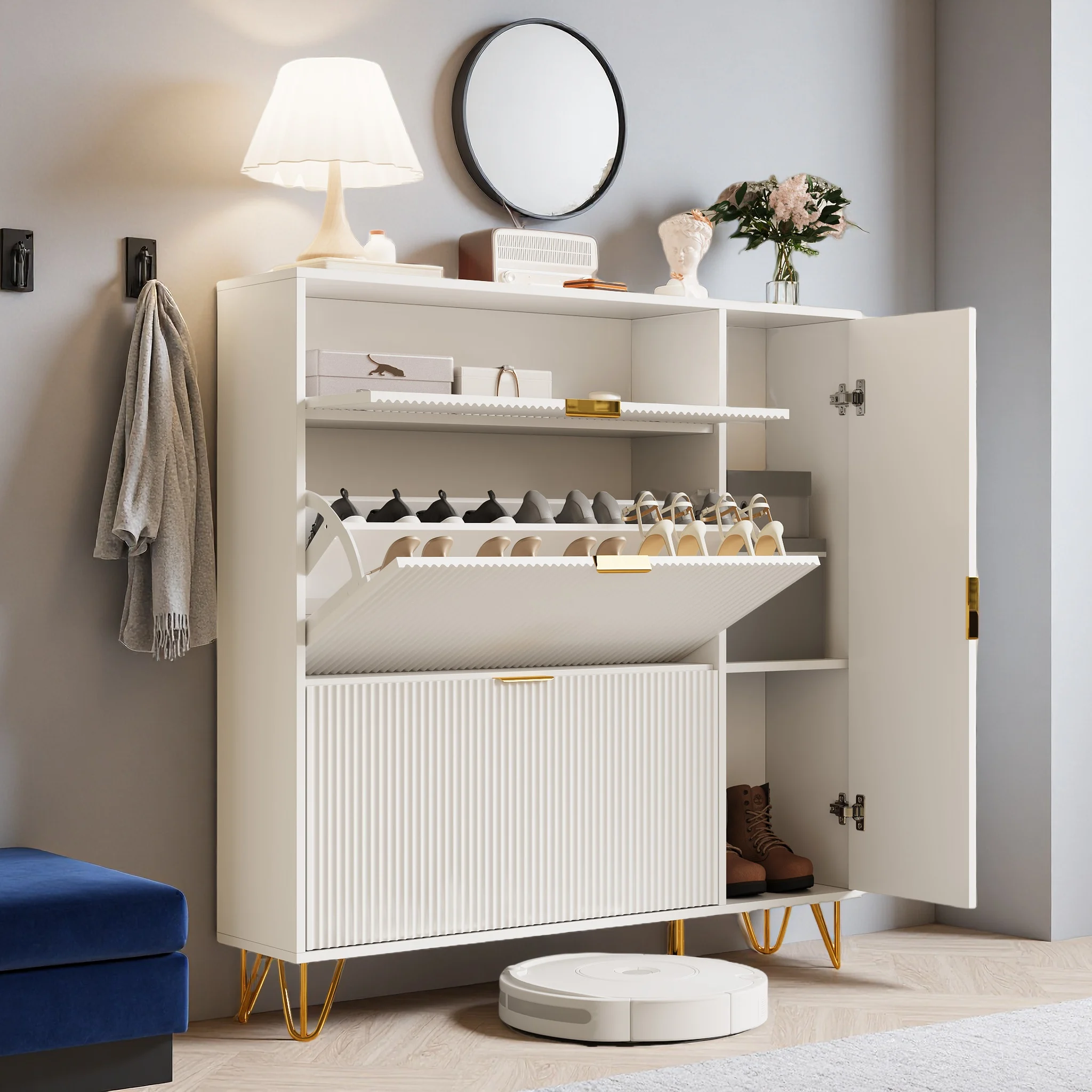 Comanlai Schuhregal, Schmaler Schuhschrank mit Klappen und 1 Tür, für Eingangsbereich, Flur, Wohnzimmer, Schlafzimmer, Moderner Schuhschrank