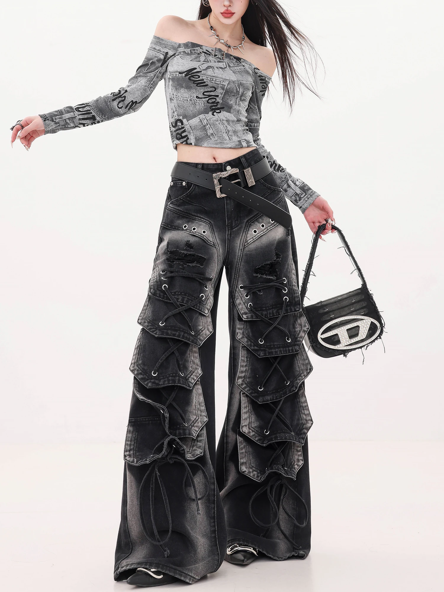 

ABWLR, широкие джинсовые джинсы в стиле панк, женские прямые брюки с поясом и отверстиями, крутой nt, оригинальный дизайн