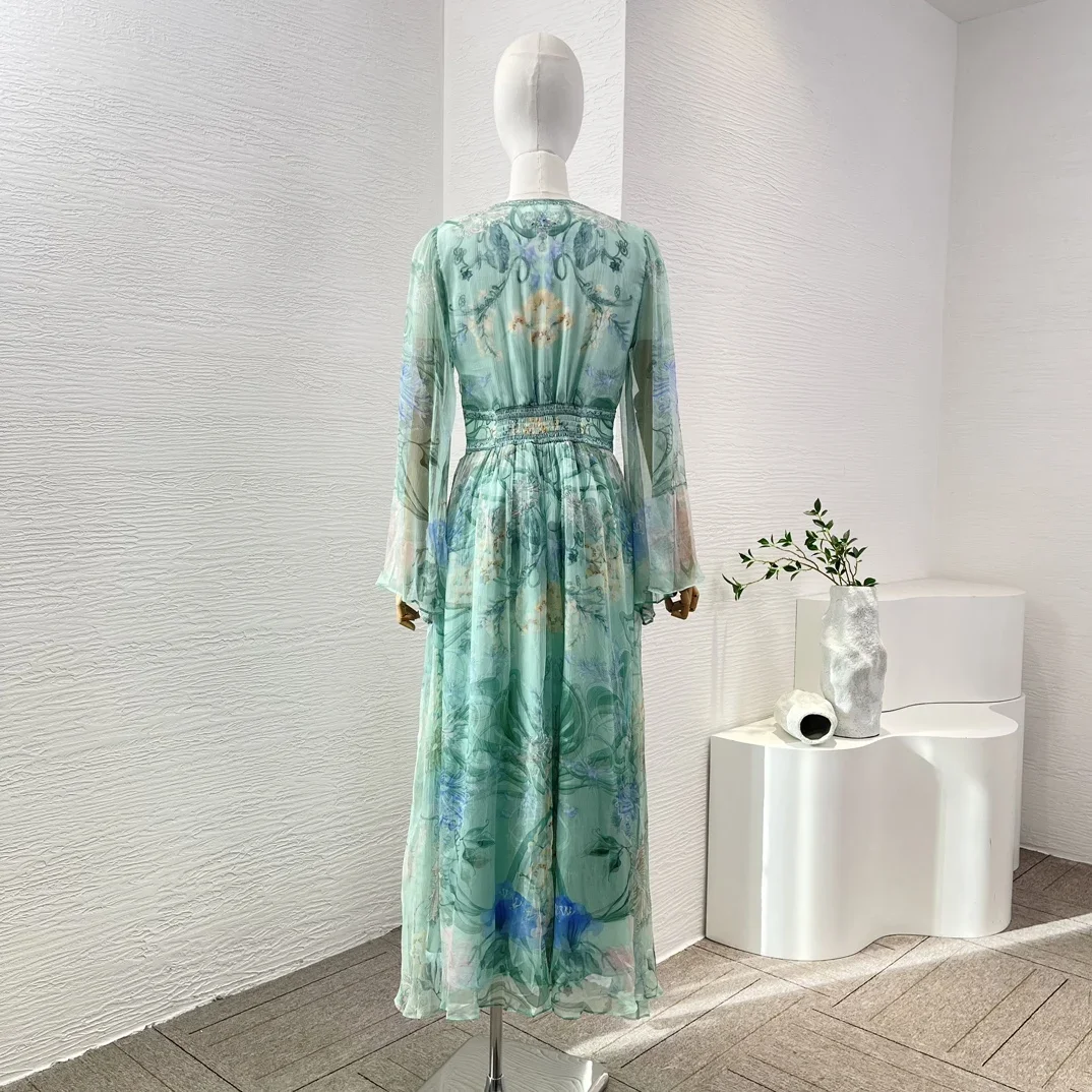 New Women's Elegant Dresses Free Shipping Silk Mint Green Floral Print Long Sleeve Deep V Neck for 2024 Summer Party Holiday