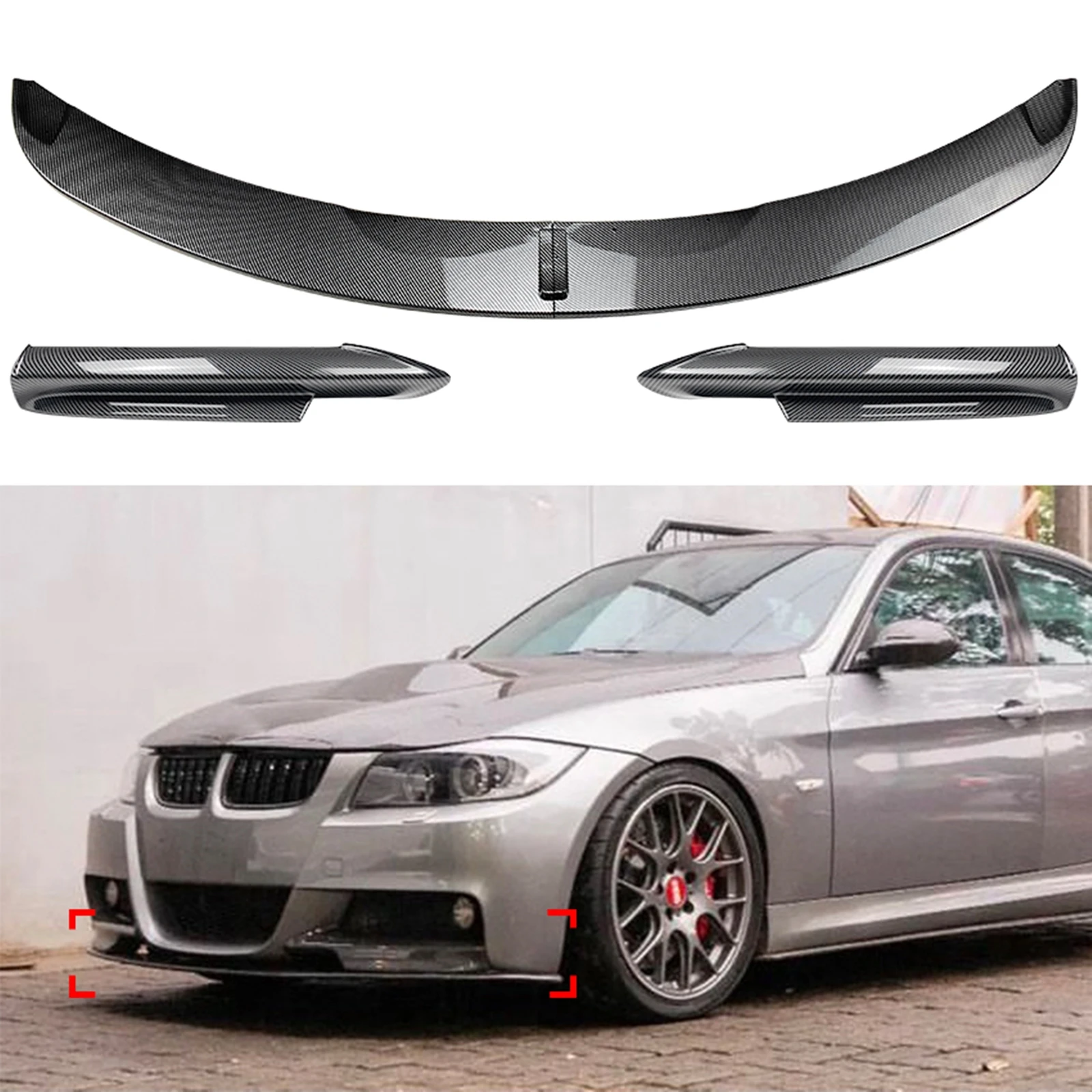 

Front Bumper Spoiler Lip Lower Blade With Side Splitter Cover Trim For BMW 3 Series E90 E91 M Tech Pre-LCI 2005-2008