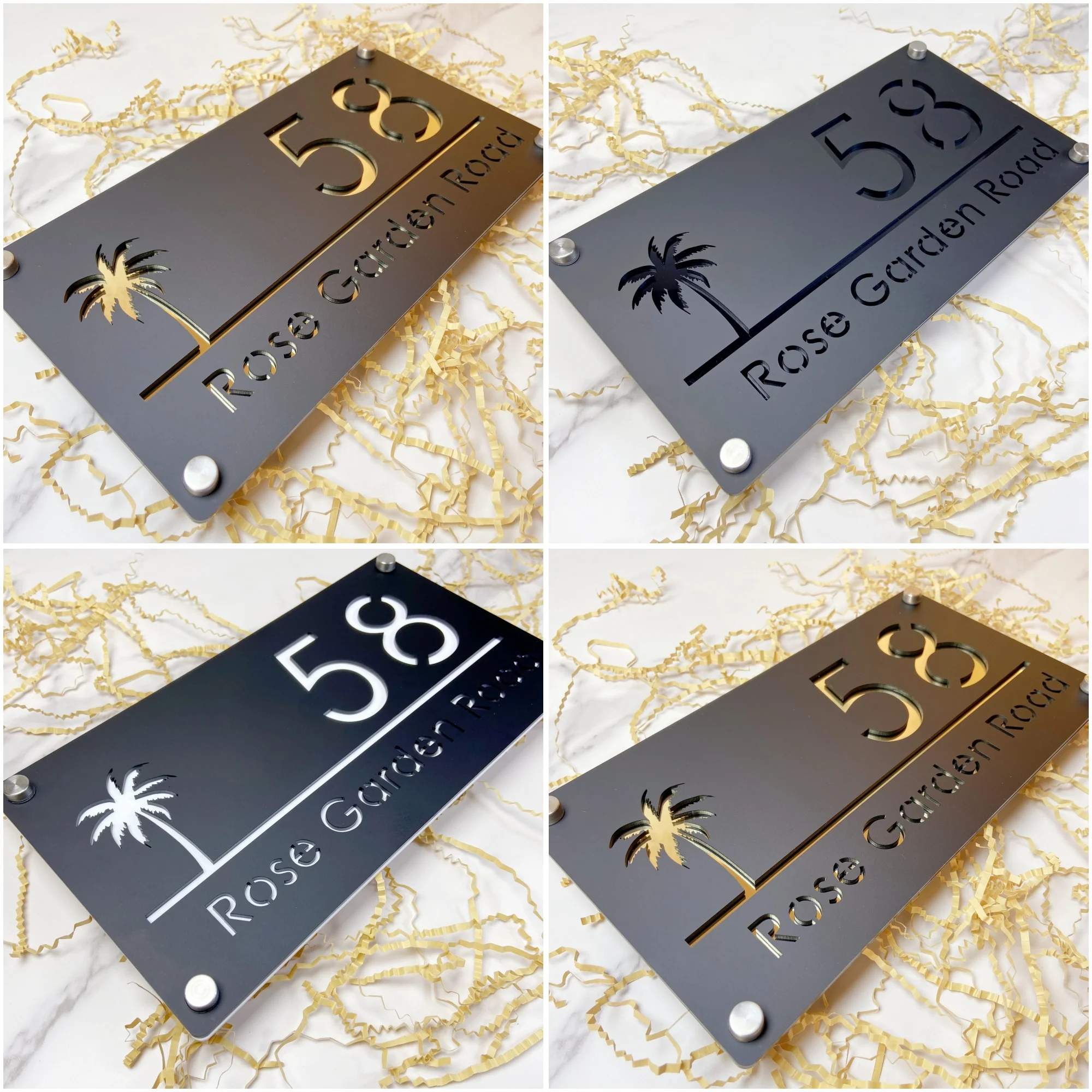 Personalized 3D Acrylic House Number Sign Custom Address Plate Modern Coconut Tree Design Weatherproof Outdoor Name Plaque Sign