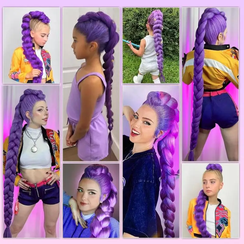 26inch Long Purple Braided KPOP Rumi Cosplay Wig Heat Resistant Synthetic Ponytail Braid Accessory