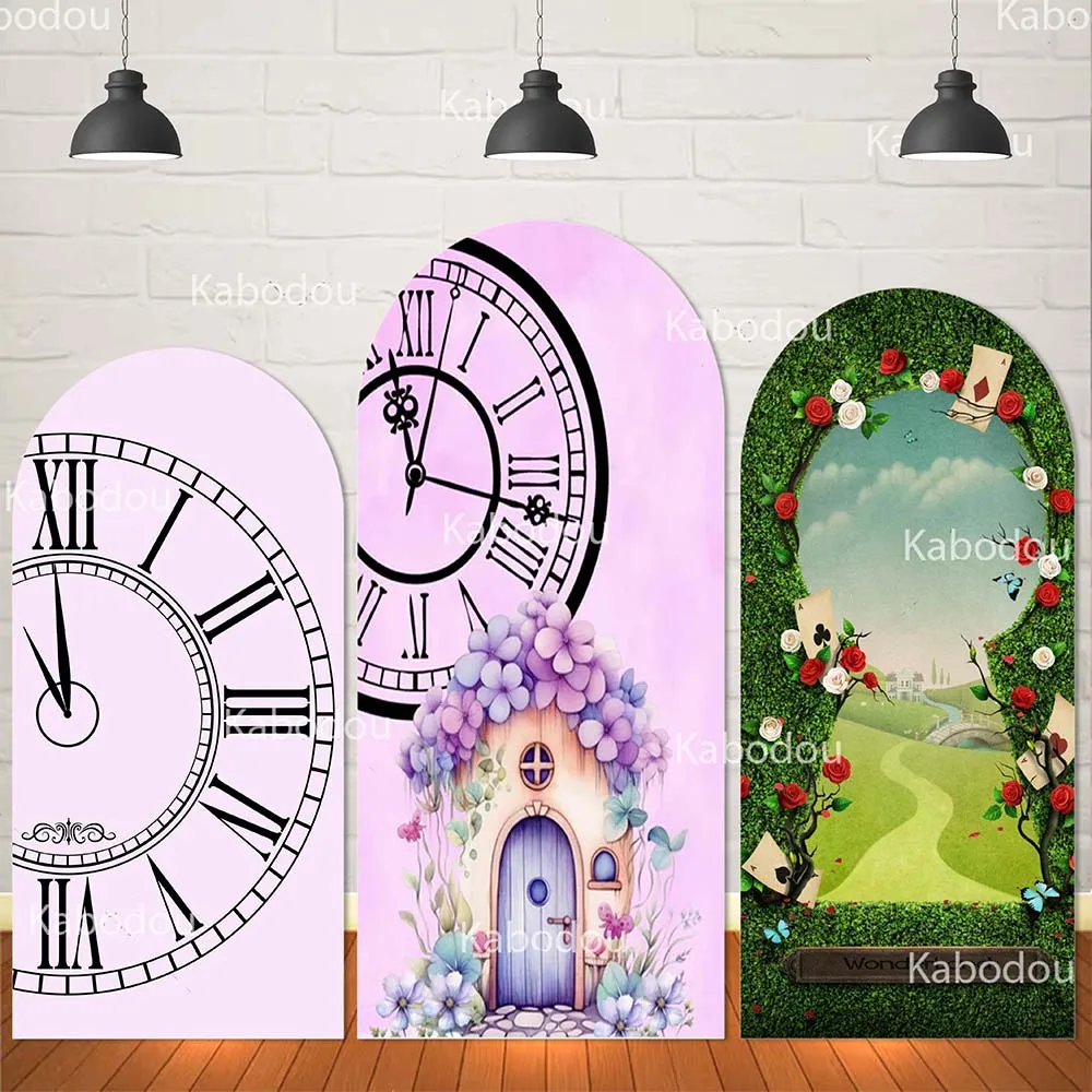 

Alice in Wonderland Arch Cover Backdrop Kids Birthday Party The Clock Decoration Baby Shower Garden Photobooth Background