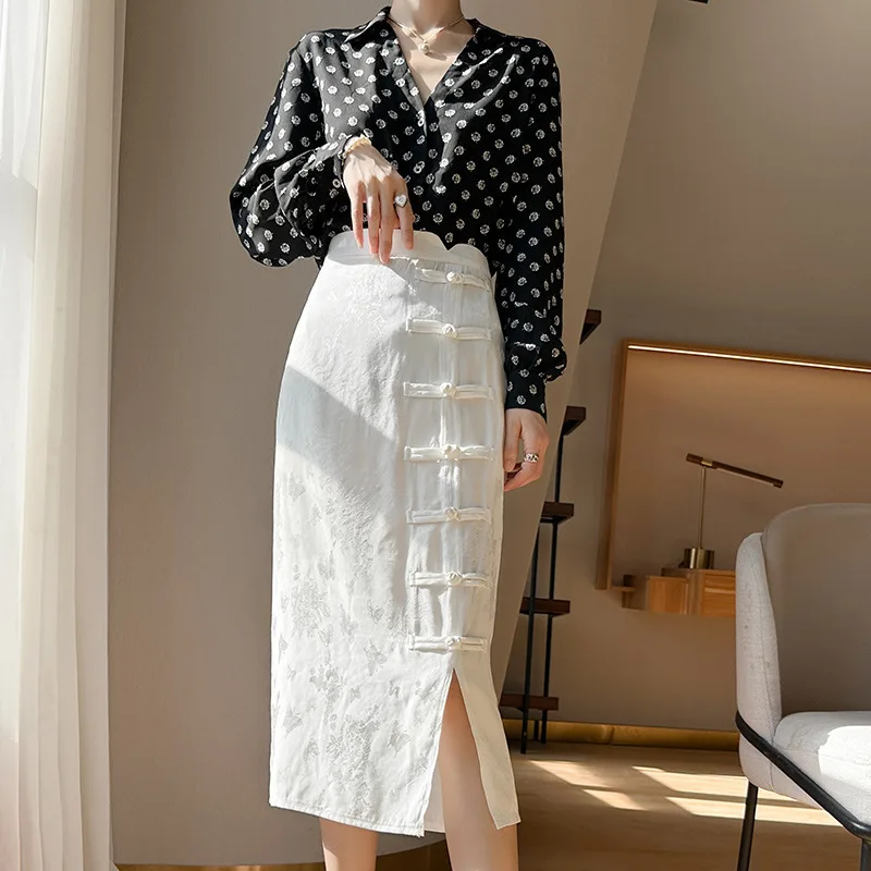 Chinese Style Buckle Skirt Split Cut Women\'s Summer Retro Jacquard, Slim and Buttocks Wrapped One Step Skirt Long Skirt