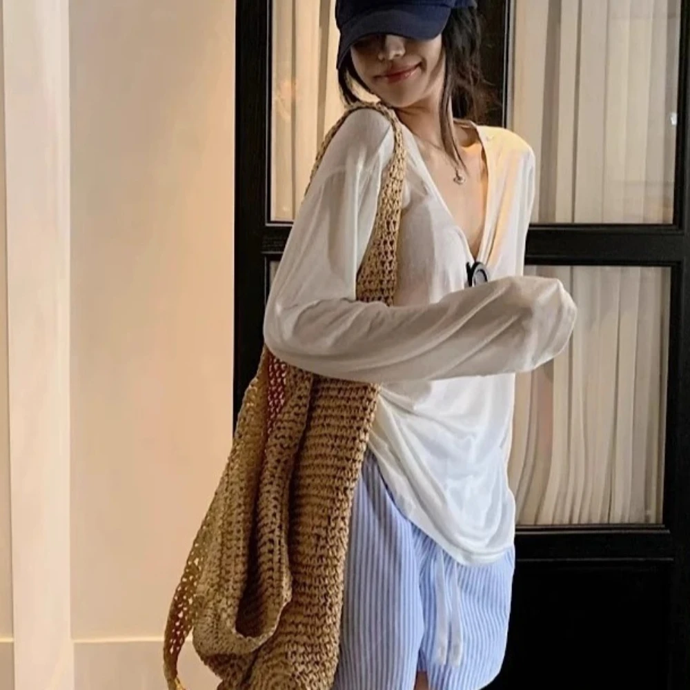 Lightweight Breathable Women Sheer Mesh Off Shoulder Long Sleeve Blouse Summer Sun Proof Korean Style Loose Clean Fit Daily Tops