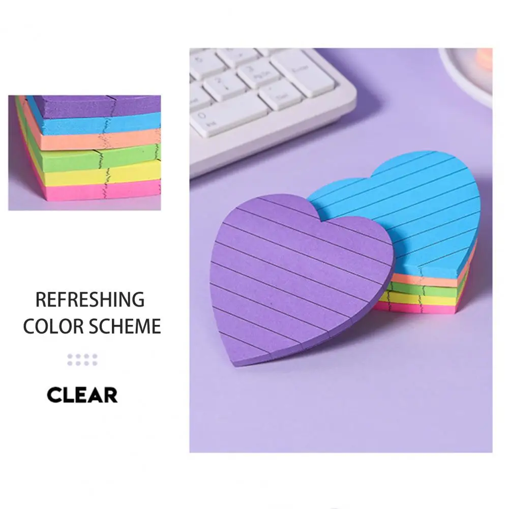 Colorful Heart Square Sticky Notes Set, Removível, Limpar, Liso, Escritório, Material Escolar, Organização, Casa