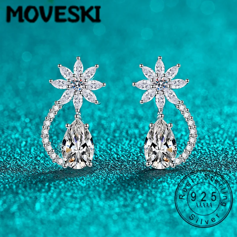 

925 Sterling Silver 1CT+1CT Pear Moissanite Drop Earrings | Floral Paved Moissanite Earrings for Women