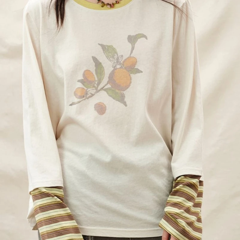 

Splicing and Contrasting Loose Long Sleeved T-shirt Top, Fake Two-piece Round Neck Printed Sweatshirt