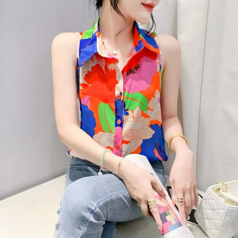 2025 Summer Women's Shirt Print Sleeveless Single Breasted Blouse Fashion Turn-down Collar  Womens Tops Loose Shirts for Women