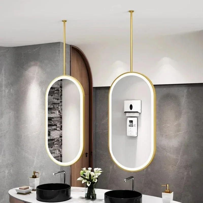 Home Oval Bath Mirrors Suspended Luminous Double-sided Mirror Bathroom Ceiling Hanging Mirror Designer Decorative Makeup Mirror