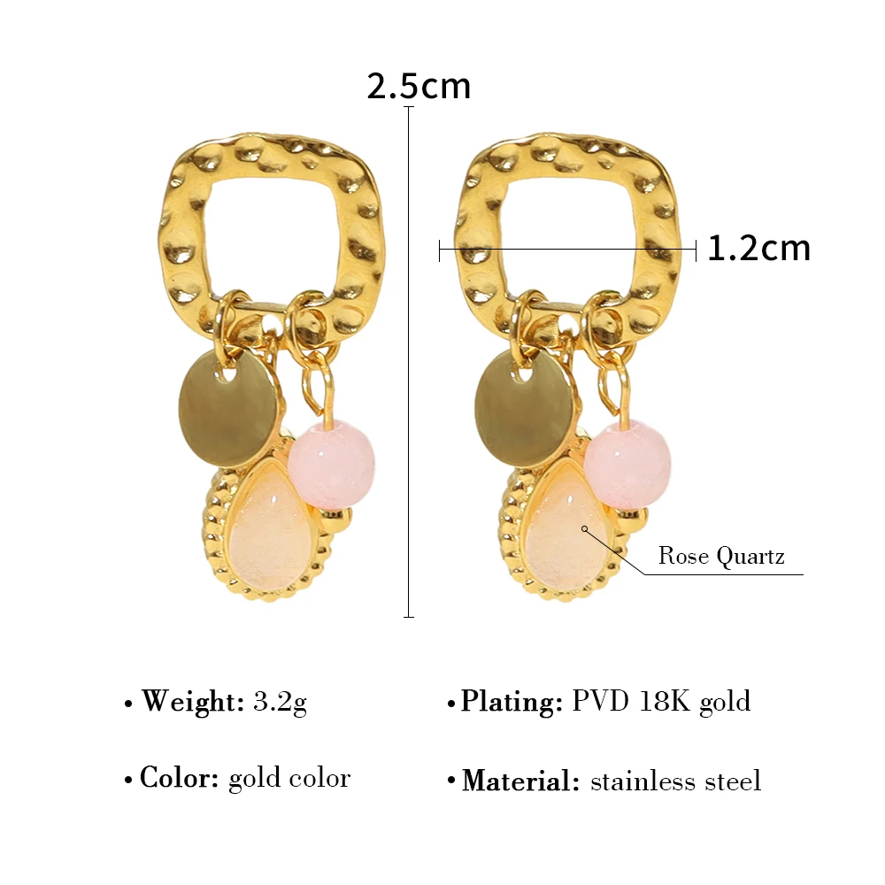 YACHAN 18K Gold Plated Stainless Steel Natural Stone Drop Earrings for Women Chic Cute Pink Charms Tarnish Free Jewelry