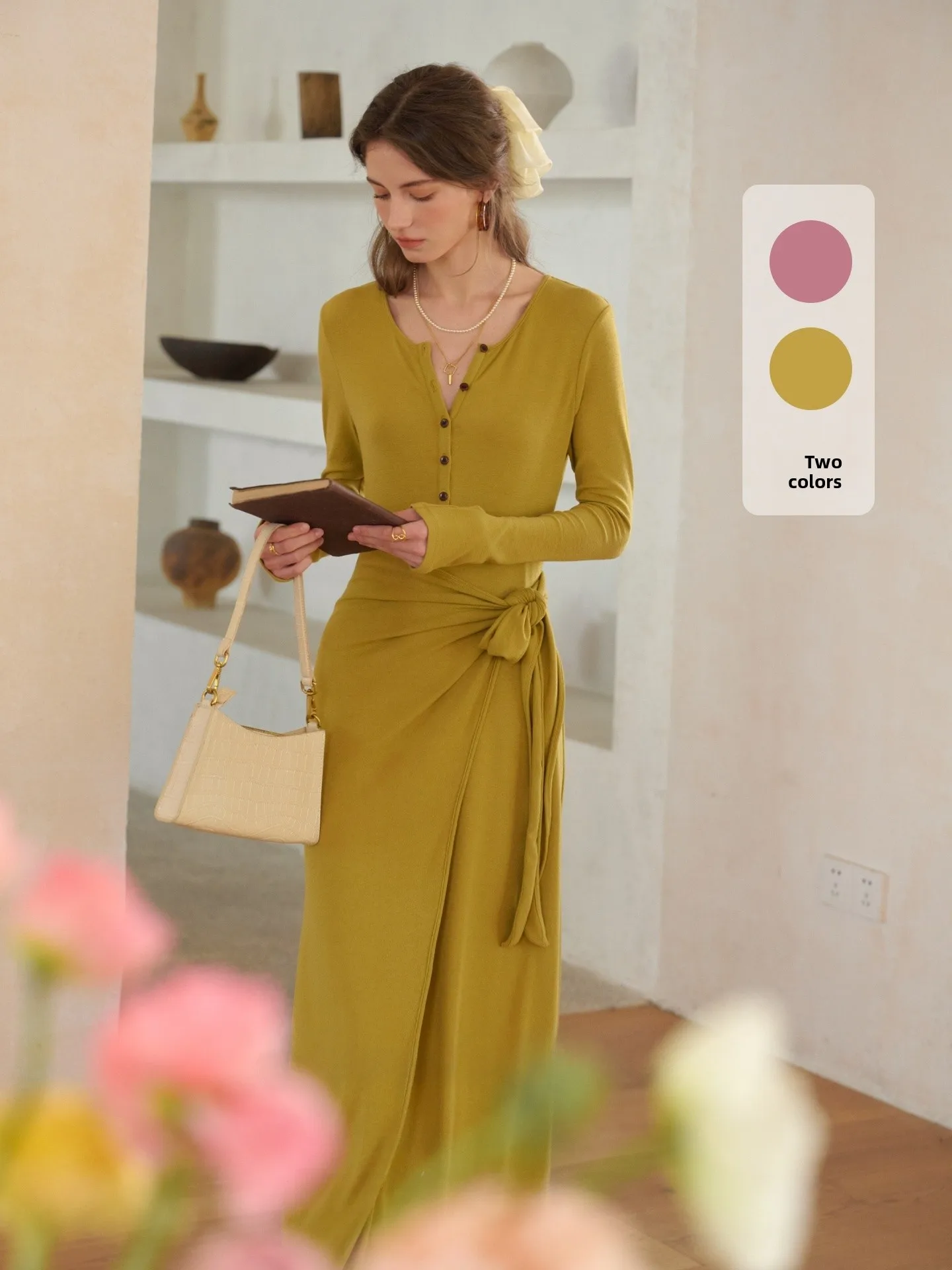 

Юбка-миди с эффектом похудения, круглым вырезом, вязаная, в стиле французского шика, с имитацией двух частей, для женщин, для повседневной носки, для работы, для свиданий