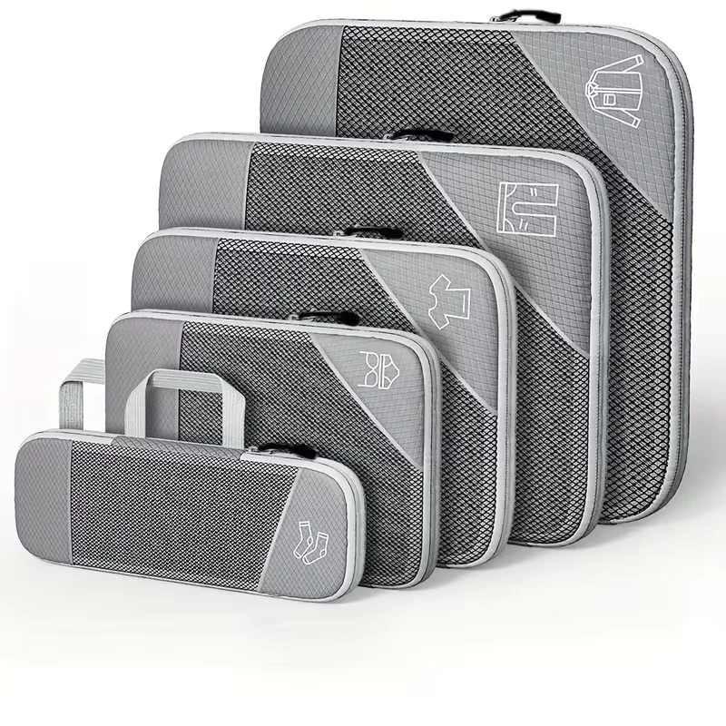 5PCSCompressed Packing Cubes Travel Storage Organizer Set With Shoe Bag Mesh Visual Luggage Portable Lightweight Suitcase Bag