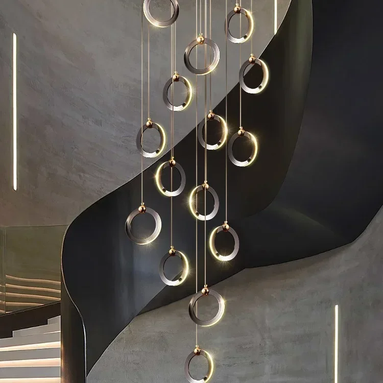 long duplex building Postmodern net red villa staircase chandelier luxury Nordic living room loft ring hanging lighting