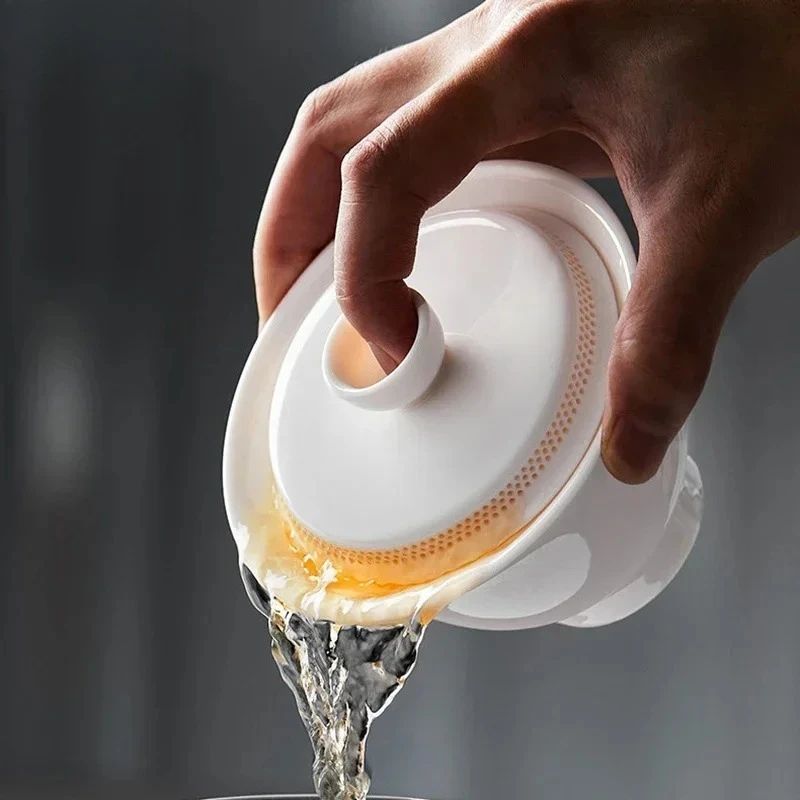 

Sheep Fat Jade White Porcelain Gaiwan 360 ° Filtered Tea Bowl Anti Scalding Design Single Ceramic Tea Cup Kung Fu Tea Set